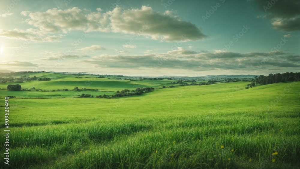 Obraz premium Serene Green Hills: A vast, rolling landscape of lush green fields, stretching under a vibrant sky, with fluffy clouds and a warm, golden sun setting in the distance. The scene evokes a sense of peace