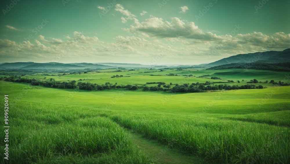 Obraz premium Serene Green Meadow: A breathtaking view of a verdant meadow under a vibrant sky, evoking tranquility and a sense of boundless possibility. 