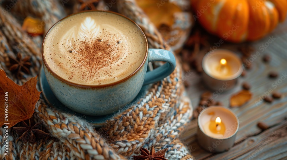 Autumn Vibes: Top View of Gilded Cup with Pumpkin Candles and Scarf on Isolated Brown Backdrop - Perfect for Text or Ads Autumn Vibes: Top View of Gilded Cup with Pumpkin Candles and Scarf on Isolated Brown Backdrop - Perfect for Text or Ads