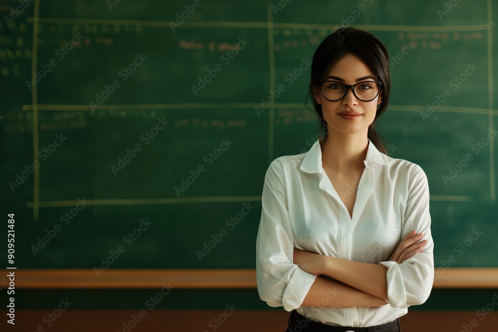 A young woman, wearing glasses, confidently stands before a green chalkboard, arms crossed, in a classroom setting A young woman, wearing glasses, confidently stands before a green chalkboard, arms crossed, in a classroom setting