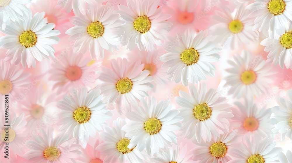 White daisies with yellow centers float on a light pink background, creating a soft and dreamy aesthetic White daisies with yellow centers float on a light pink background, creating a soft and dreamy aesthetic