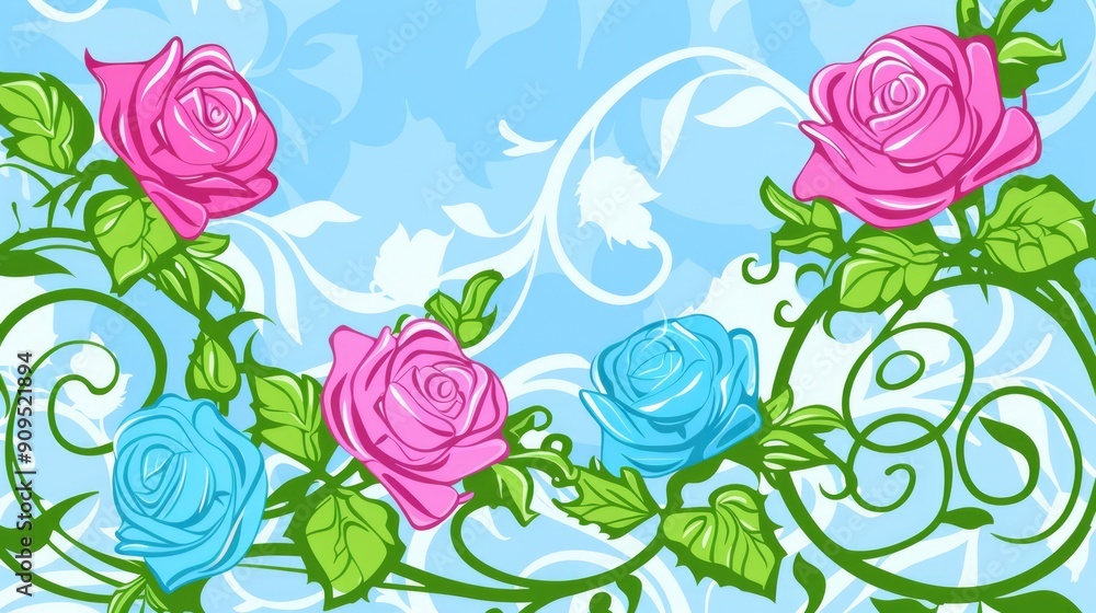 Four blooming roses, two pink and two blue, stand out against a background of swirling, white vines and a light blue sky Four blooming roses, two pink and two blue, stand out against a background of swirling, white vines and a light blue sky