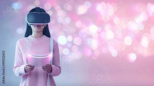 Young woman wearing VR headset, exploring virtual reality. Futuristic technology. photo