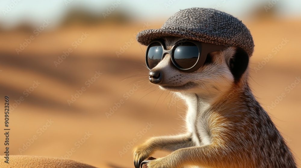 Obraz premium Meerkat with a detective hat, investigating clues, desert landscape background