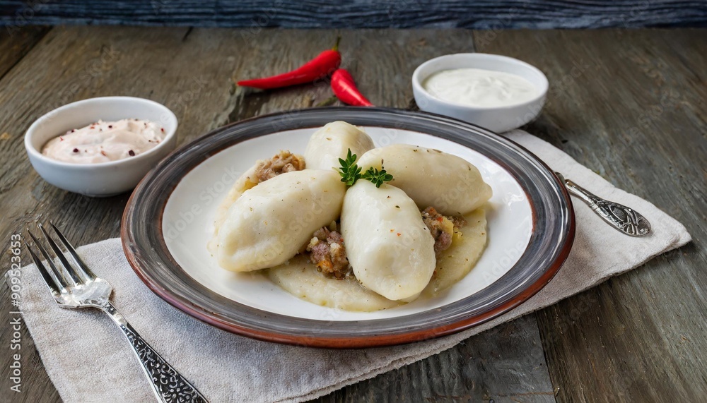 Authentic Cepelinai: Traditional Lithuanian Potato Dumplings Filled with Minced Meat Authentic Cepelinai: Traditional Lithuanian Potato Dumplings Filled with Minced Meat