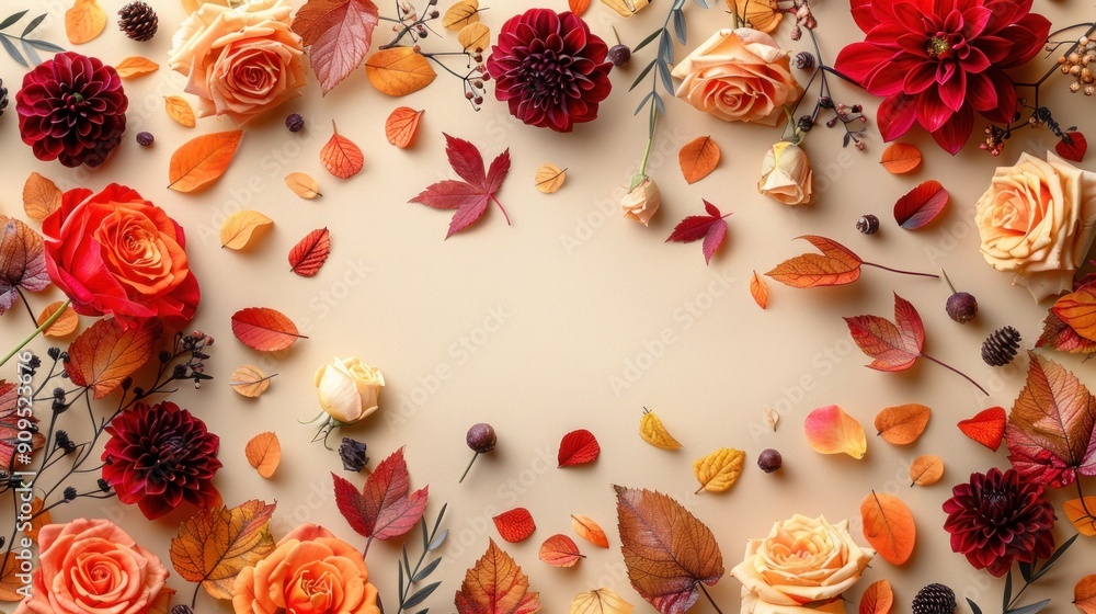 Autumn Floral Frame on Beige Background - Fall Concept Flat Lay with Fresh Flowers and Copy Space Autumn Floral Frame on Beige Background - Fall Concept Flat Lay with Fresh Flowers and Copy Space