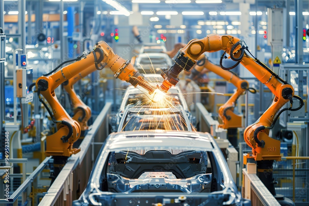 Automated robotic arms working on a car assembly line Automated robotic arms working on a car assembly line