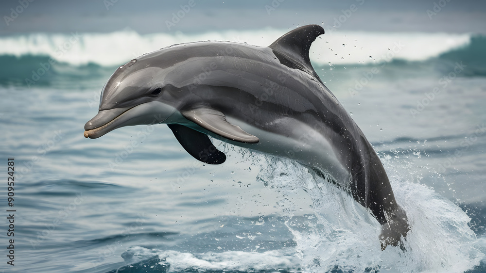 Fototapeta premium Playful Leaping Dolphin, Capturing the Dynamic and Graceful Movement of a Dolphin in Mid-Air