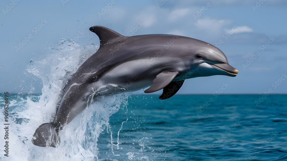 Fototapeta premium Dolphin in Action, Showcasing the Sleek and Playful Nature of a Dolphin Leaping Out of Water