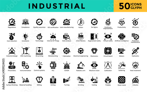 Industrial icon set with regulations, compliance, quality assurance, iso certification, lean manufacturing, kaizen, six sigma, continuous improvement, productivity icon. Simple glyph vector 
