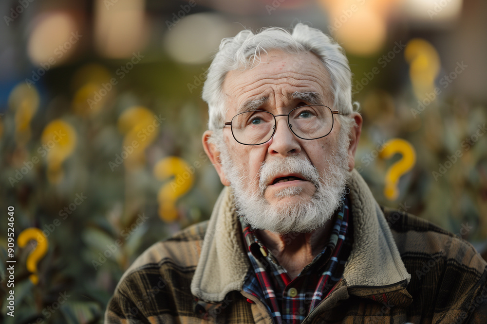 Contemplative senior man posing with question marks, expressing thought and wonder Contemplative senior man posing with question marks, expressing thought and wonder