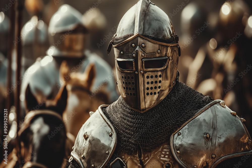 Medieval Knight in Full Armor Leading Mounted Warriors in Historical Battle Scene Medieval Knight in Full Armor Leading Mounted Warriors in Historical Battle Scene