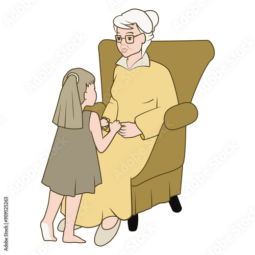 Grandmother and Granddaughter Cartoon Line Art Vector Illustration