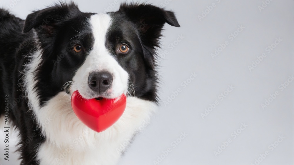 Black and White Dog with Red Heart, A black and white dog holds a bright red heart-shaped toy in its mouth, looking curiously at the camera. This adorable image captures the love and playfulness. Black and White Dog with Red Heart, A black and white dog holds a bright red heart-shaped toy in its mouth, looking curiously at the camera. This adorable image captures the love and playfulness.