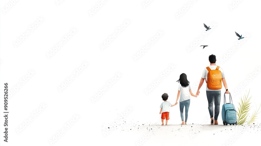 A clean and soft-colored drawing of a family evacuating from a hurricane, white background. A clean and soft-colored drawing of a family evacuating from a hurricane, white background.