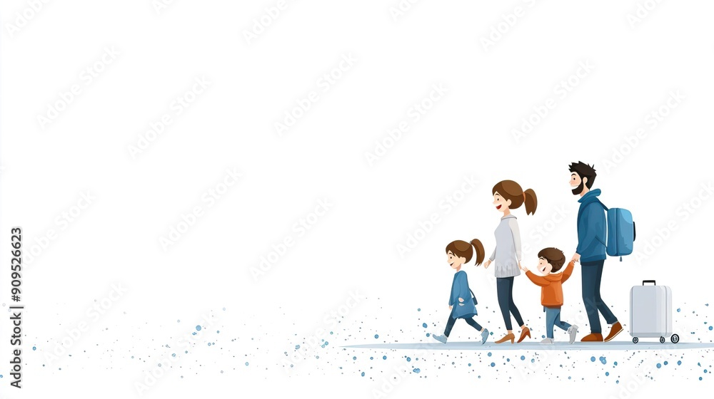 A clean illustration of a family evacuating from a flood, white background. A clean illustration of a family evacuating from a flood, white background.
