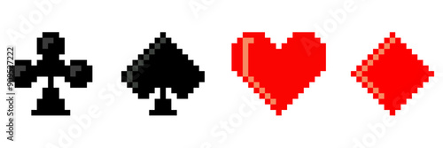 set of pixel playing card symbol, casino poker card icon club, ace, diamond, heart, clover, tile, spades, pikes