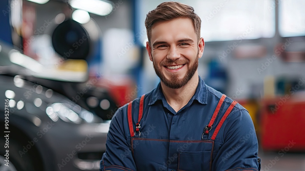 Portrait of handsome bearded mechanic in overalls standing in auto repair shop Portrait of handsome bearded mechanic in overalls standing in auto repair shop