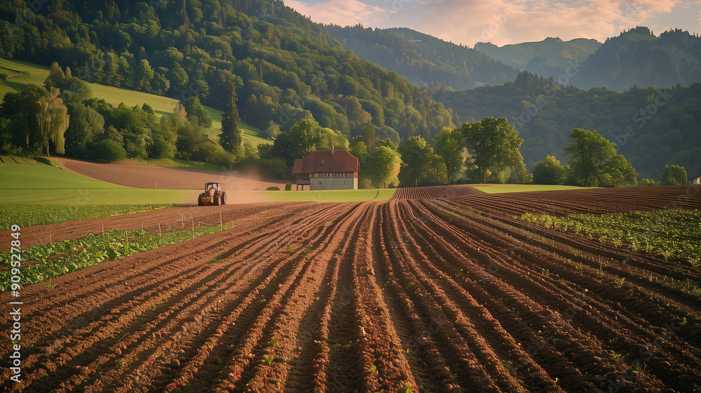 Tractor Plowing Fertile Fields Near a Scenic Farmhouse at Dusk Tractor Plowing Fertile Fields Near a Scenic Farmhouse at Dusk