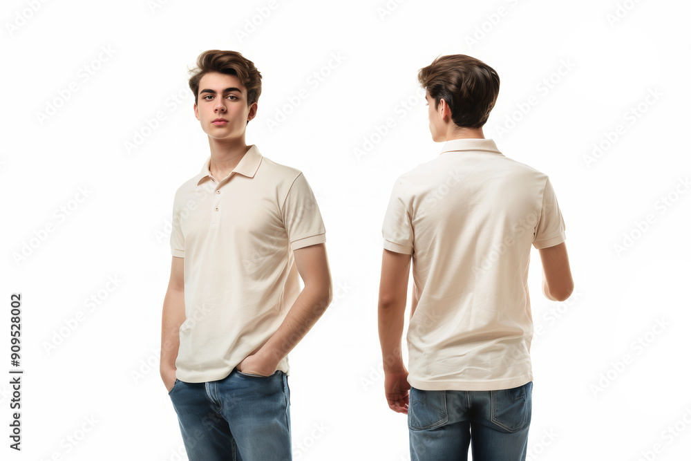 Mockup of creamy t-shirt on guy front and back view on white background. Place for yours print design Mockup of creamy t-shirt on guy front and back view on white background. Place for yours print design
