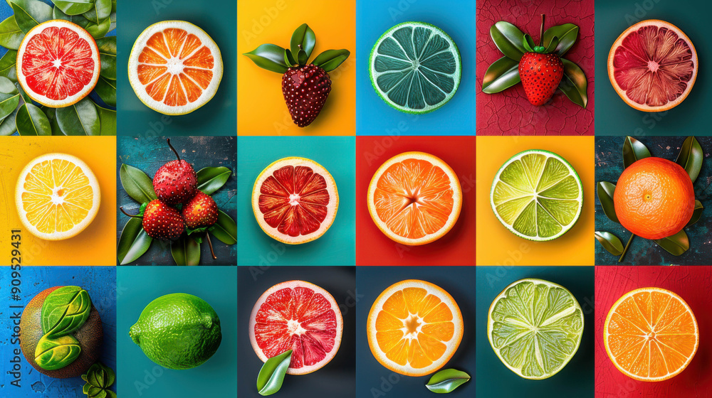 A vibrant grid of assorted citrus and berry fruit slices, creatively displayed with colorful backgrounds and green leaves, celebrating variety and freshness.
A vibrant grid of assorted citrus and berry fruit slices, creatively displayed with colorful backgrounds and green leaves, celebrating variety and freshness.