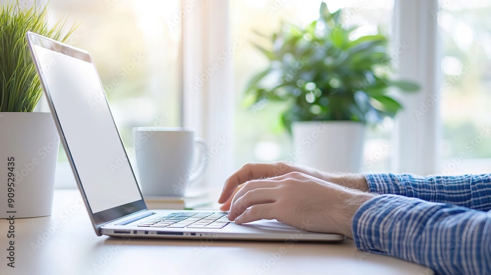 A high-resolution photo of a person working on a project in a modern home office, clean and stylish. A high-resolution photo of a person working on a project in a modern home office, clean and stylish.