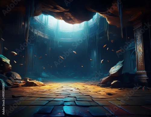 3D rendering of a fantasy hallway with an old door and a floor