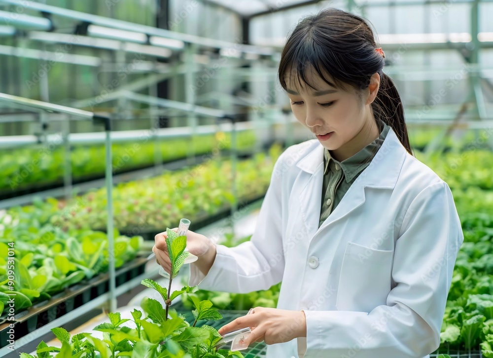 Asian female scientist in a white coat holding a small plant using a test tube to study green salad plants growing on a modern farm Asian female scientist in a white coat holding a small plant using a test tube to study green salad plants growing on a modern farm