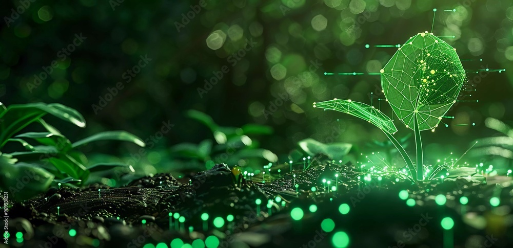 Green background with a digital hologram of a young plant sprout and symbols for ecology, environment protection and energy technology on the ground Green background with a digital hologram of a young plant sprout and symbols for ecology, environment protection and energy technology on the ground