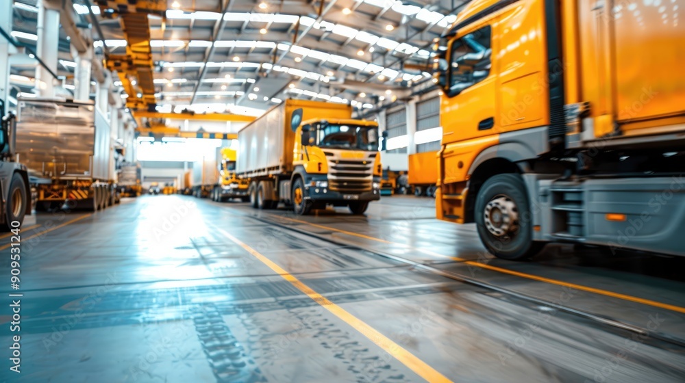 Naklejka premium Sunrise illuminates a warehouse interior with trucks ready for loading and unloading, highlighting logistics and supply chain operations..