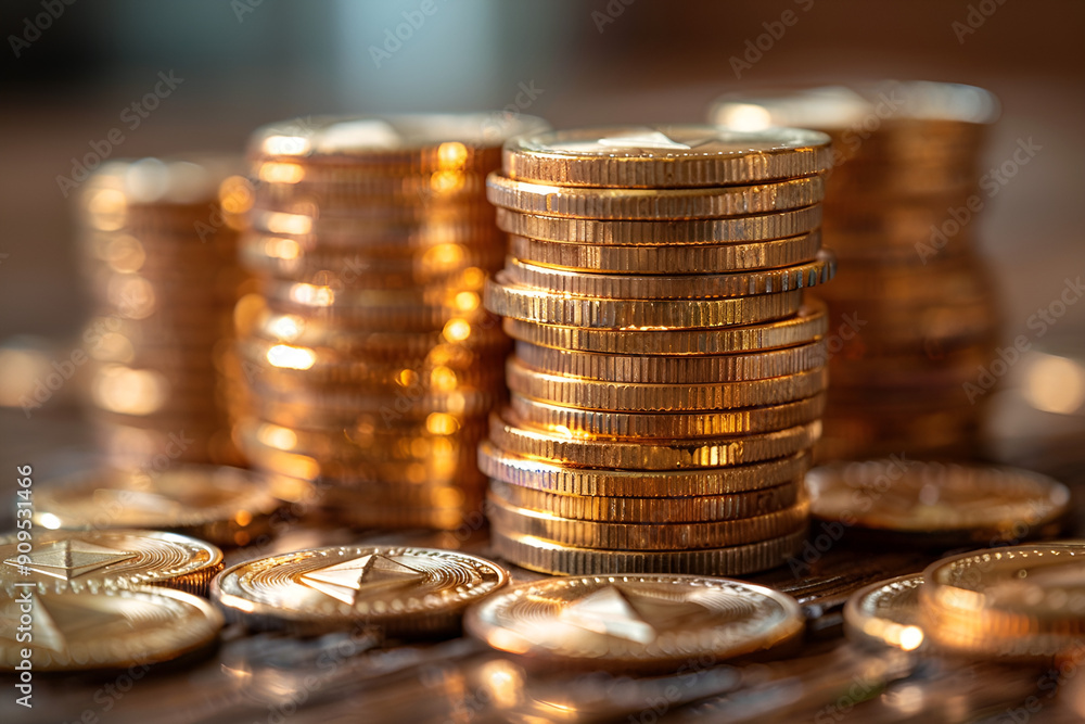 Shiny gold coins displayed on a wooden surface. Shiny gold coins displayed on a wooden surface.