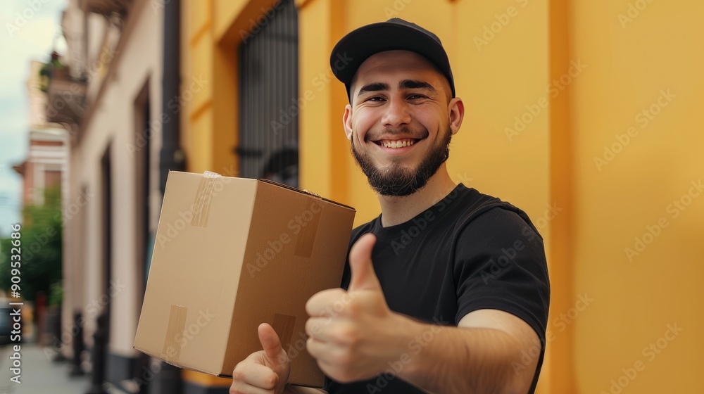 A cheerful delivery man with a beard and cap holding a package and giving a thumbs up, standing on a city street, ready to deliver... A cheerful delivery man with a beard and cap holding a package and giving a thumbs up, standing on a city street, ready to deliver...