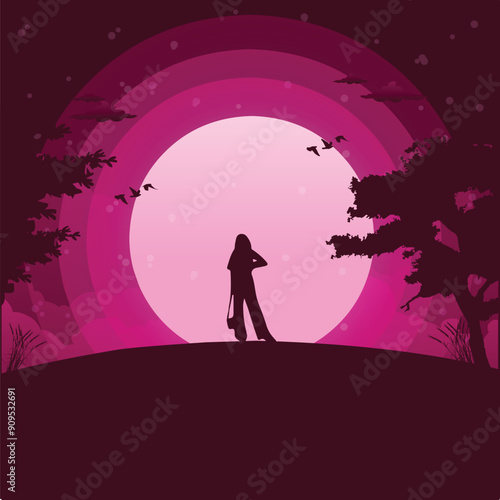 Vector illustration of a woman freely expressing herself in the moonlight. flat vector Illustration