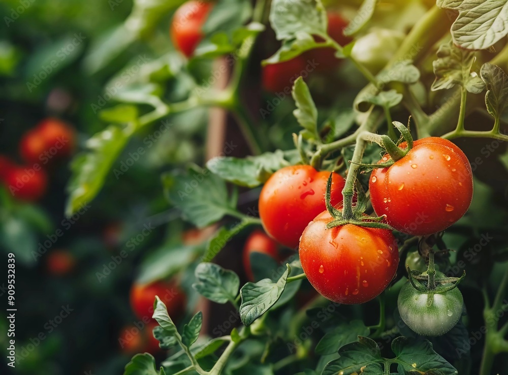 Ripe tomatoes on the vine in an organic vegetable garden, with natural light and a blurred green background Ripe tomatoes on the vine in an organic vegetable garden, with natural light and a blurred green background
