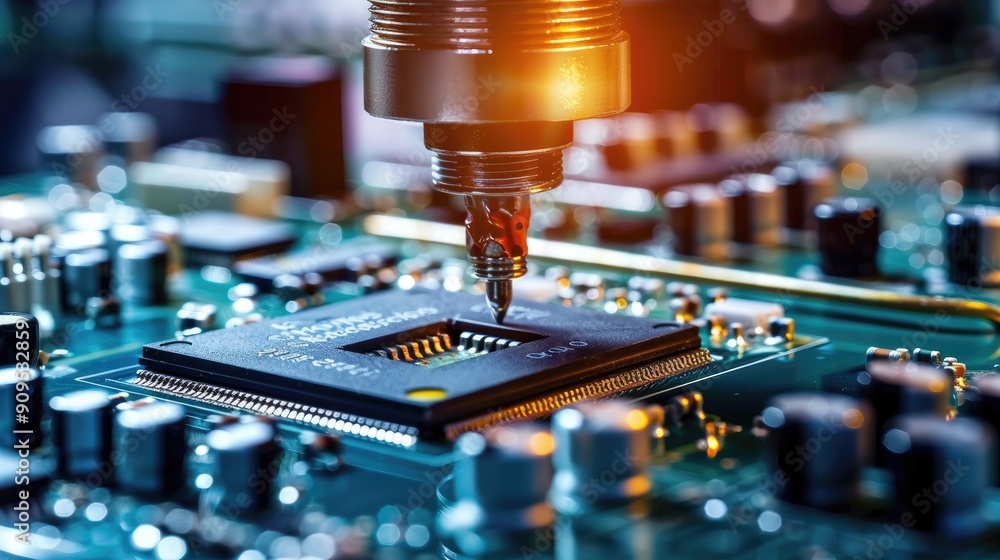 Close-up view of a high-tech machine working on a circuit board in an advanced electronics manufacturing facility, showcasing precision and technology... Close-up view of a high-tech machine working on a circuit board in an advanced electronics manufacturing facility, showcasing precision and technology...