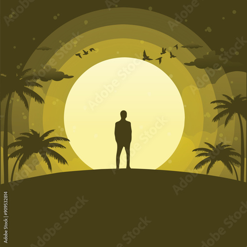 vector illustration of a man standing under the moonlight. flat vector illustration