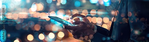 A business professional interacts with a smartphone against a backdrop of city lights  illustrating connectivity and modern technology..