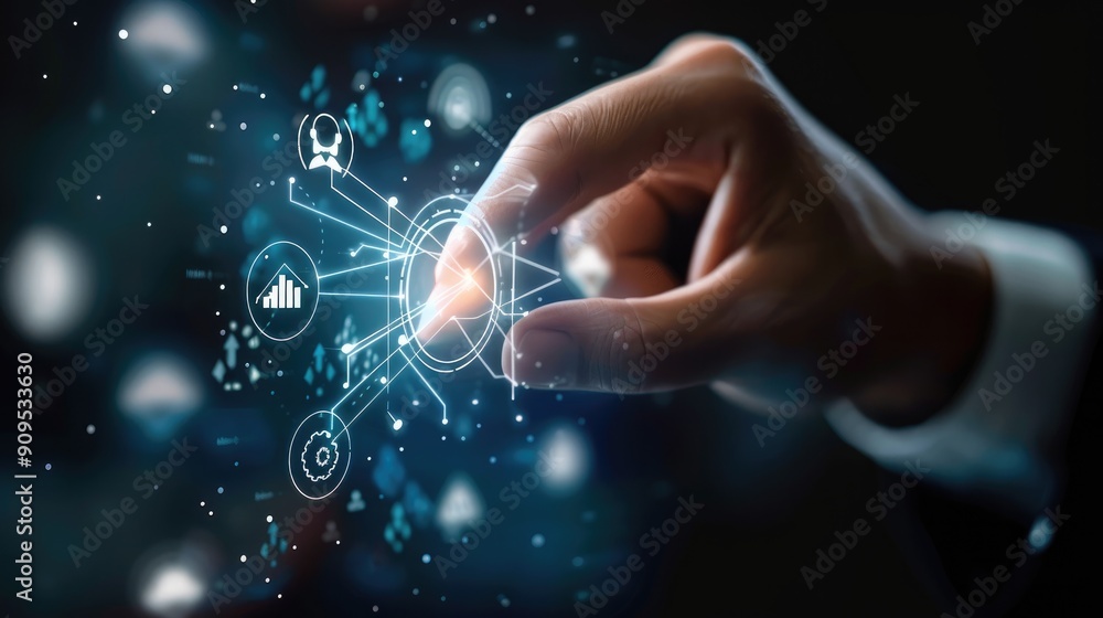 A hand interacts with a digital network interface, illustrating the concept of technology and data connectivity in a futuristic setting.. A hand interacts with a digital network interface, illustrating the concept of technology and data connectivity in a futuristic setting..