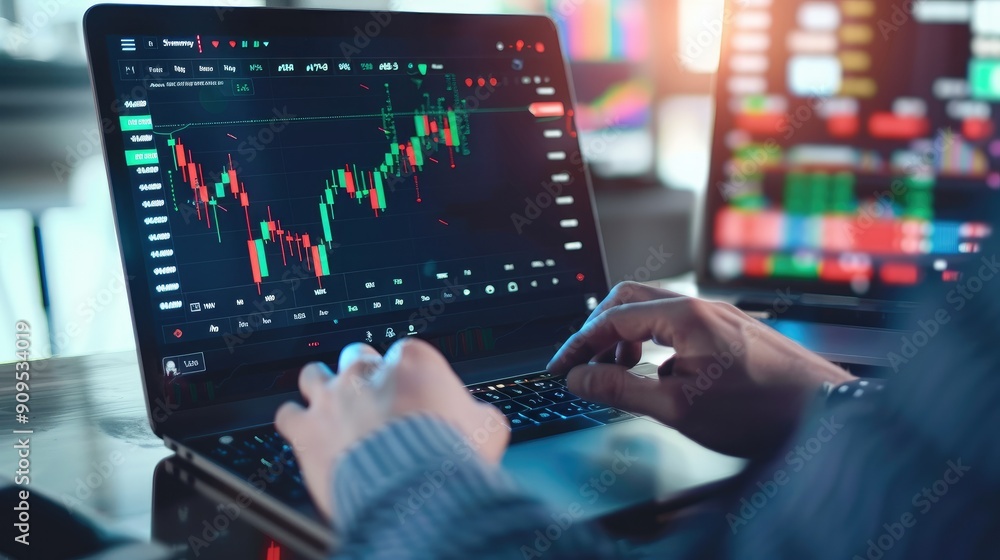 Hands typing on a laptop with stock market charts and data, indicating active trading and financial analysis.. Hands typing on a laptop with stock market charts and data, indicating active trading and financial analysis..
