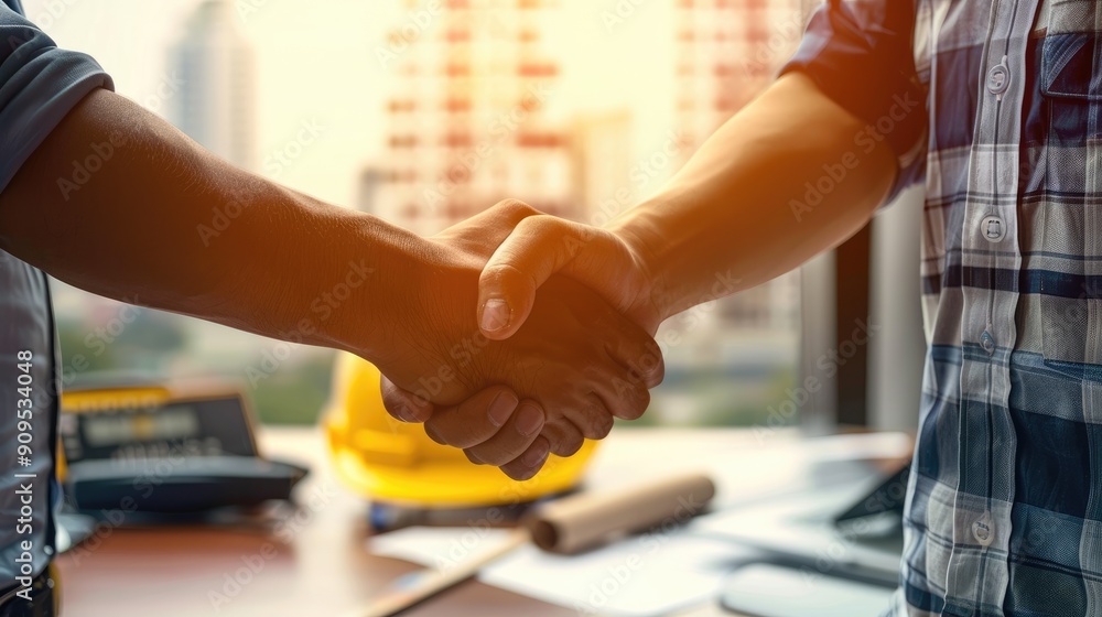 Close-up of two men shaking hands in a construction office, symbolizing partnership, agreement, and collaboration in the industry.. Close-up of two men shaking hands in a construction office, symbolizing partnership, agreement, and collaboration in the industry..