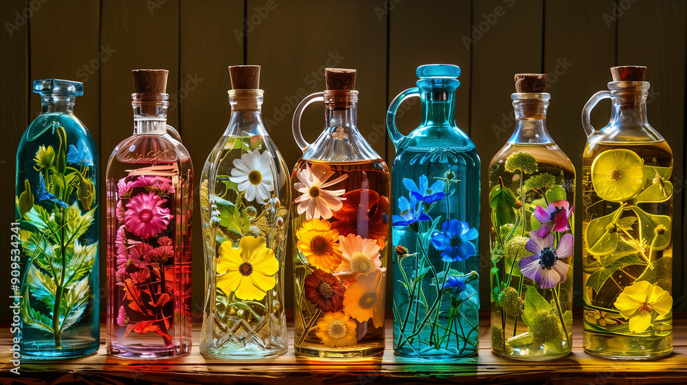Colorful Glass Bottles Filled With Fresh Flowers on a Wooden Table Displayed in Natural Light Colorful Glass Bottles Filled With Fresh Flowers on a Wooden Table Displayed in Natural Light
