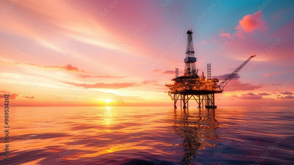 A stunning offshore oil rig illuminated against a vibrant sunset, showcasing the beauty and industry of oceanic oil extraction.. A stunning offshore oil rig illuminated against a vibrant sunset, showcasing the beauty and industry of oceanic oil extraction..