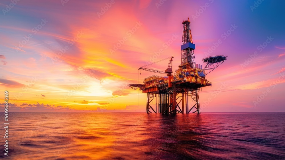 A stunning offshore oil rig illuminated against a vibrant sunset, showcasing the beauty and industry of oceanic oil extraction.. A stunning offshore oil rig illuminated against a vibrant sunset, showcasing the beauty and industry of oceanic oil extraction..