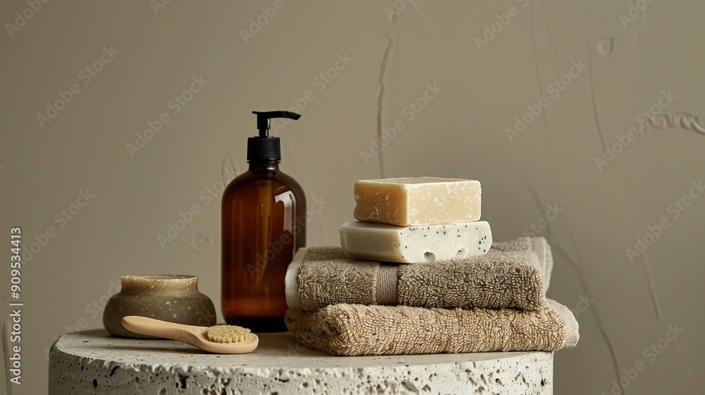 Beauty products like face scrub and rectangular soap bars, towel stack on marble stand; studio picture with light olive background Beauty products like face scrub and rectangular soap bars, towel stack on marble stand; studio picture with light olive background