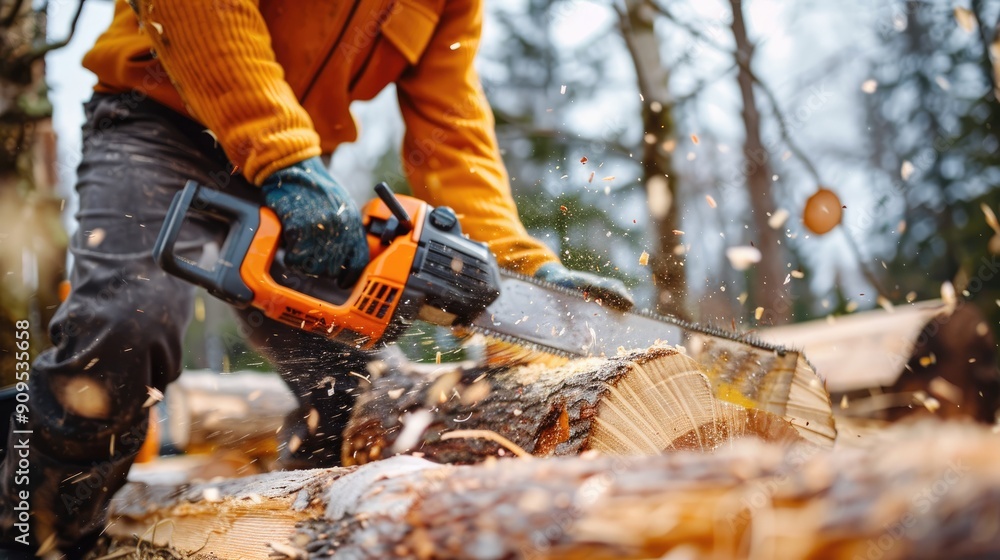 Close-up of a lumberjack using a chainsaw to cut through a tree trunk, with woodchips flying and sunlight filtering through the forest.. Close-up of a lumberjack using a chainsaw to cut through a tree trunk, with woodchips flying and sunlight filtering through the forest..