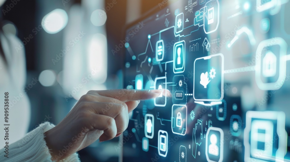 A woman uses a futuristic touchscreen interface with glowing digital icons, highlighting advanced technology and data interaction.. A woman uses a futuristic touchscreen interface with glowing digital icons, highlighting advanced technology and data interaction..