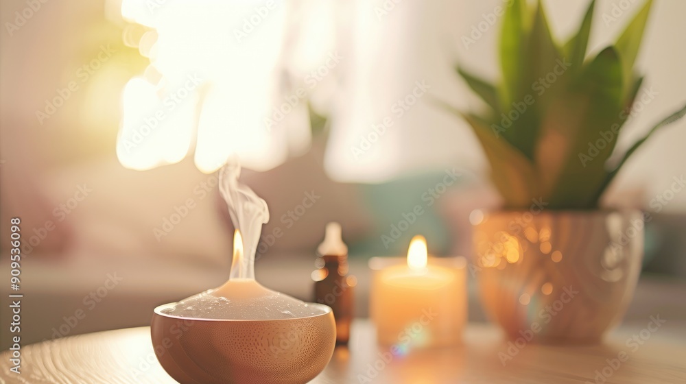A relaxing scene with an aromatherapy diffuser emitting vapor and a lit candle on a table, with soft natural light and a potted plant in the background.. A relaxing scene with an aromatherapy diffuser emitting vapor and a lit candle on a table, with soft natural light and a potted plant in the background..