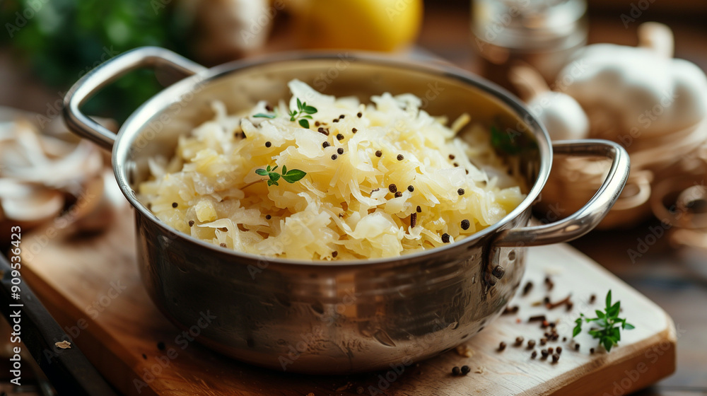 Fermented Cabbage Cooking in a Silver Pot on a Rustic Wooden Table Fermented Cabbage Cooking in a Silver Pot on a Rustic Wooden Table
