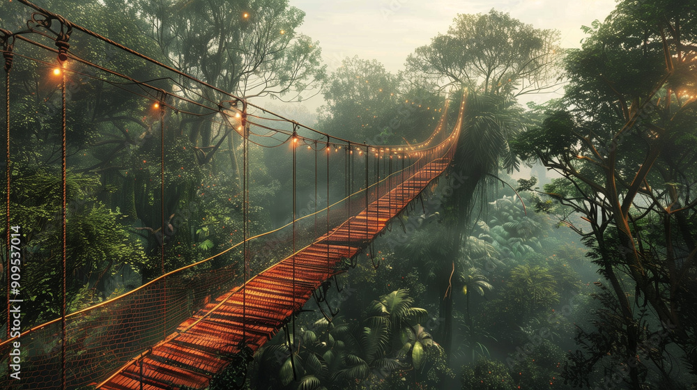 Fototapeta premium Suspended Footbridge Connecting Two Trees in Lush Tropical Jungle at Dawn