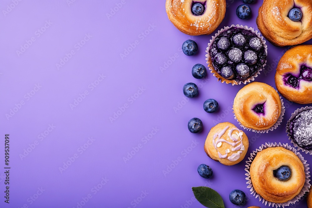 Blueberry muffins and danishes on a purple background space for text Blueberry muffins and danishes on a purple background space for text